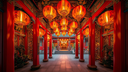 Fototapeta na wymiar Chinese new year, Decorated temple, Chinese lanterns, Chinese temple, festival, prosperity and luck, decorations with red background