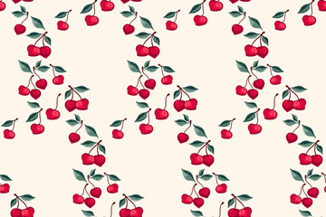 Seamless artistic stylized cherries pattern. Summer berries, fruits, leaves, background. Vector hand drawn abstract, simple cherry. Design ornament for fabric, interior decor, textile, wallpaper