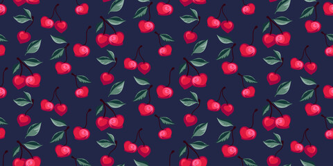 Seamless artistic stylized cherries pattern. Colorful summer berries, fruits, leaves on a dark blue background. Vector hand drawn abstract, simple cherry. Design ornament for fabric, textile