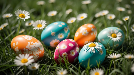 Easter eggs with a print of daisies lie in the green grass