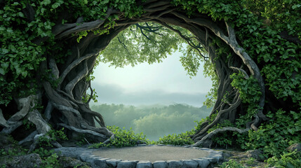 Enchanted forest archway leading to misty valley.