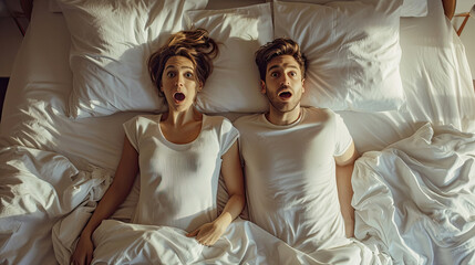 Top view shocked young couple two family man woman in casual white clothes lying in bed looking at each other rest relax spend time together in bedroom lounge home in own room house wake up good day - obrazy, fototapety, plakaty