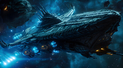 Space ship in deep space. Science fiction art. 3D rendering
