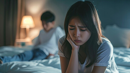 Unhappy - stressful Asian woman sitting and crying on the bed while her husband sleeping, a family and post marriage problem. Arguing Asian young couple with bad - negative relationship.