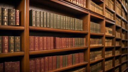 Obraz premium close up Law Library. Rows of Books and Legal References in a Law Firm