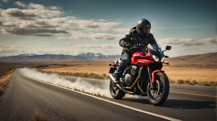 Fototapeta na wymiar A motorcycle rider speeding on a road