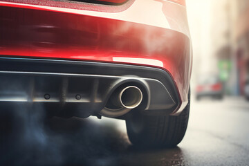 Capturing the essence of automotive emissions, this photo showcases an exhaust pipe emitting subtle smoke. Explore the intersection of technology and environmental impact - obrazy, fototapety, plakaty