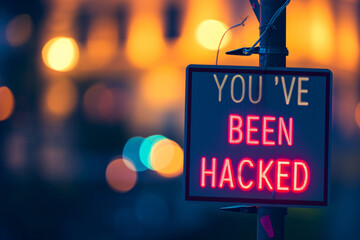 Neon sign saying You've Been Hacked at night with bokeh lights - obrazy, fototapety, plakaty