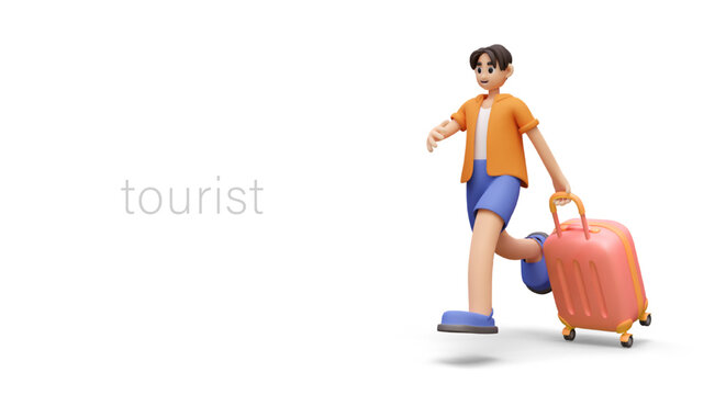 Tourist vector concept. 3D male character in hurry, rolling suitcase behind him. Go ahead and rest. Advertising template for last minute tours. Summer vacation