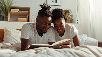 Young calm african loving couple girl guy in white t-shirts reading book lying on bed under blanket indoors in bedroom at home spending time in room. Rest relax good mood quarantine lifestyle concept - obrazy, fototapety, plakaty