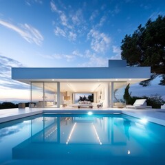 Obraz na płótnie Canvas Exterior of amazing modern minimalist cubic villa with large swimming pool
