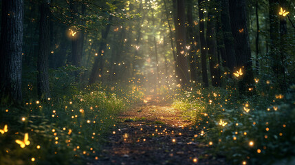 A serene enchanted forest clearing, fireflies weave a luminous dance. Magical creatures join the celebration, casting spells amidst fairy dust, creating a mesmerizing symphony of nature's enchantment. - obrazy, fototapety, plakaty
