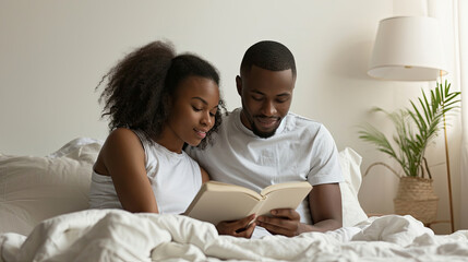 Young calm african loving couple girl guy in white t-shirts reading book lying on bed under blanket indoors in bedroom at home spending time in room. Rest relax good mood quarantine lifestyle concept