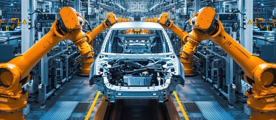 Car manufacturer. Car Factory Digitalization Industry. Automated Robot Arm Assembly Line Manufacturing High-Tech Electric Vehicles