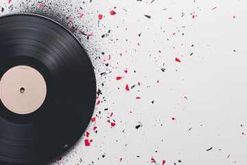 Vinyl record with red confetti on white background