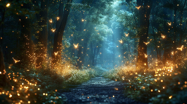 A serene enchanted forest clearing, fireflies weave a luminous dance. Magical creatures join the celebration, casting spells amidst fairy dust, creating a mesmerizing symphony of nature's enchantment.