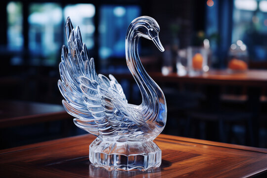 Elegant ice swan sculpture, capturing the beauty of winter. Delicate and transparent, it adds a touch of frozen grace to any setting