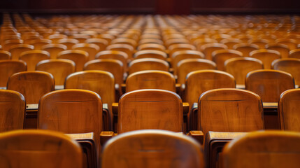 Naklejka premium Rows of empty wooden seats in auditorium.