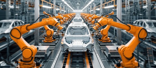 Car manufacturer. Car Factory Digitalization Industry. Automated Robot Arm Assembly Line Manufacturing High-Tech Electric Vehicles