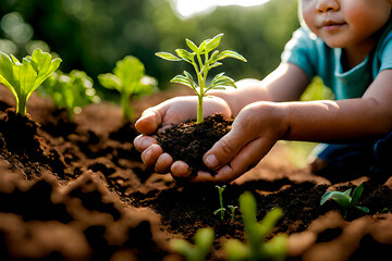 Tiny hands cradling young plants. invites contemplation on nurturing the earth for generations to come.