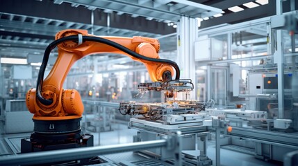 Car manufacturer. Car Factory Digitalization Industry. Automated Robot Arm Assembly Line Manufacturing High-Tech Electric Vehicles - obrazy, fototapety, plakaty