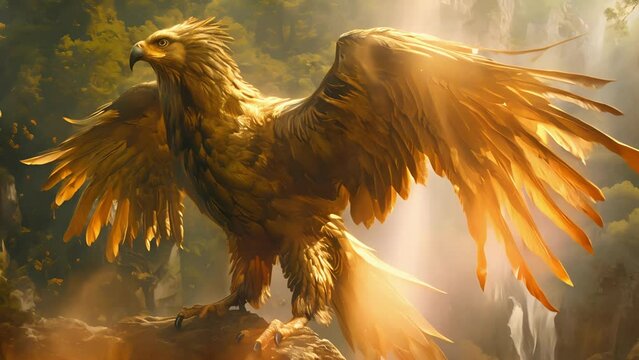 Its wings spread out in a display of strength, the griffin stood tall and unwavering as it guarded the sacred treasure from all who coveted it. Fantasy animatio