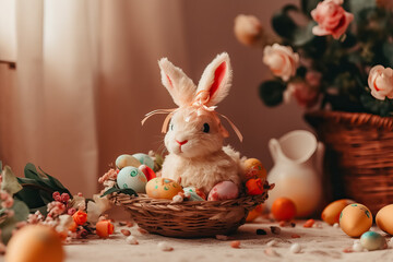 Easter greeting card with cute decorative Easter bunny near colorful Easter eggs. space for text