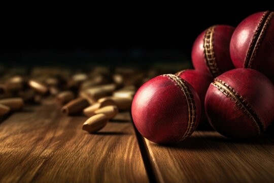 Closeup of cricket ball and wickets on wooden surface.