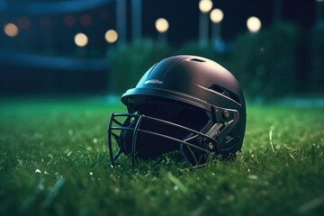Cricket fans helmet on green grass with focused lights.