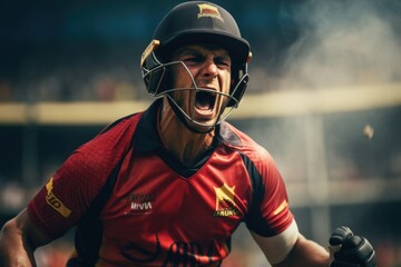 Aggressive cricket player celebrates tournament victory. - obrazy, fototapety, plakaty