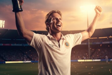 Cricket player celebrates success after match practice.