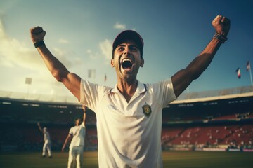 Cricket player celebrates success after match practice.