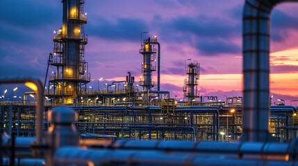 Obraz premium Industrial plant silhouette against twilight sky.