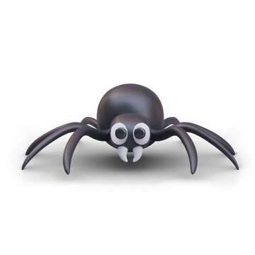 Front view on cartoon black spider. Object for Halloween decoration concept. Dangerous scary spider. Vector illustration in 3d style with shadow on white background