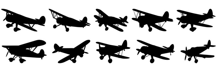 Plane airplane silhouettes set, large pack of vector silhouette design, isolated white background - obrazy, fototapety, plakaty