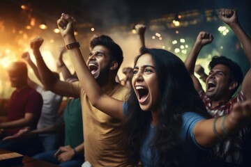 Indian couples celebrating Indias win in live cricket match at home - obrazy, fototapety, plakaty