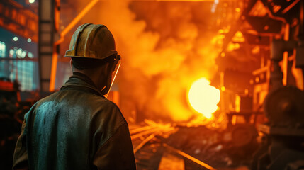 Worker viewing molten metal in foundry.