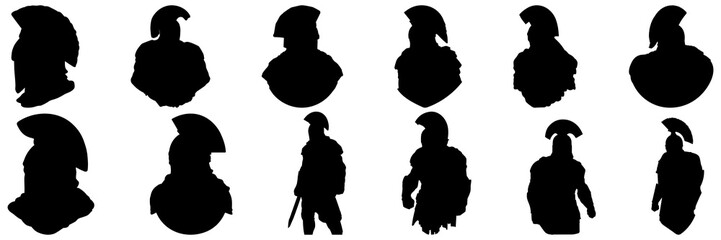 Spartan warrior greek silhouettes set, large pack of vector silhouette design, isolated white background