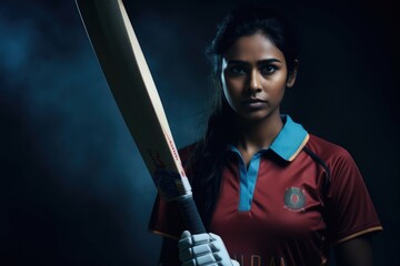 Indian female cricketer with cricket bat portrait.