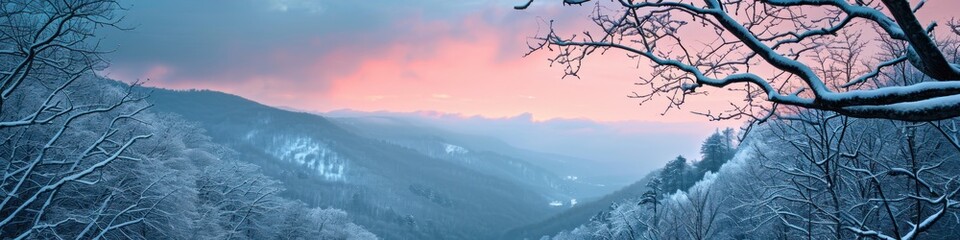 Dramatic overlook of a snowy valley at twilight