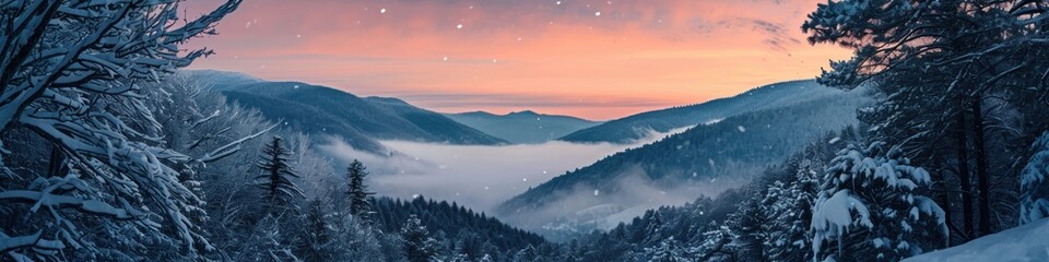 Fototapeta na wymiar Dramatic overlook of a snowy valley at twilight