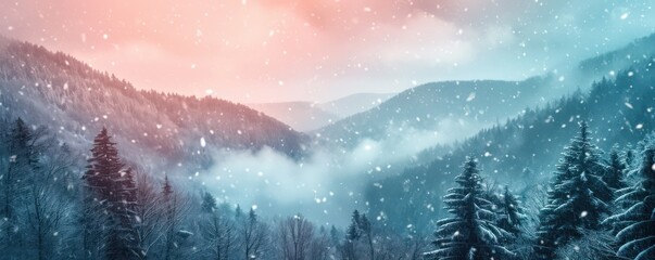 Dramatic overlook of snowy mountains at twilight