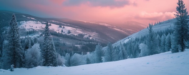 Dramatic overlook of snowy mountains at twilight