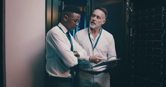 Server room, worker and tablet with communication for database, information technology and training. Datacenter, mentor and employee with instructions to store and power computer hardware on system