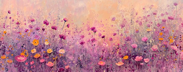Pink and salmon flower field. Beautiful abstract nature header web banner design in pastel colors