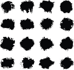 Set of splashes grunge template. Vector set black ink brush stroke. Dirty artistic splatter, dirt stain, brush with drops blots 