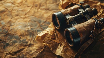 Vintage binoculars on crumpled brown paper, evoking historical exploration themes - obrazy, fototapety, plakaty