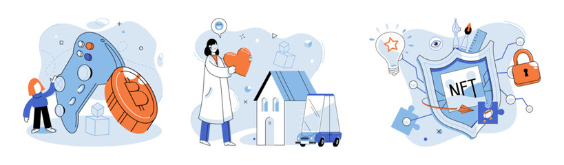 Web 3 vector illustration. The internet facilitates global connectivity through networks interconnected devices Blockchain technology ensures transparency and security in digital transactions