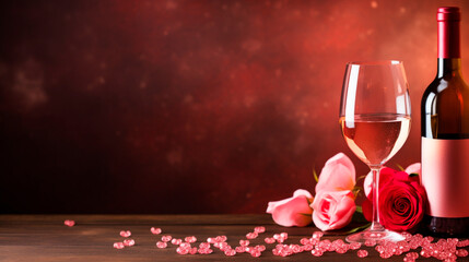 Champagne served in a glass, with lots of red roses around it, on a table. Valentine's Day. front view. 3D rendering design illustration.