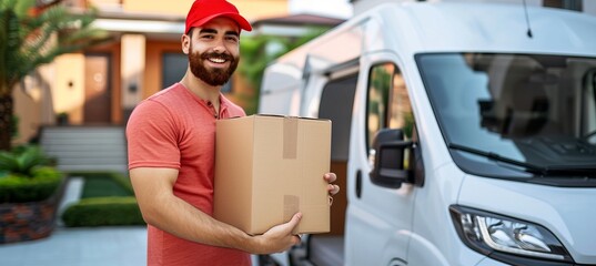 Friendly delivery courier man in red cap delivering package to customer s home with van truck